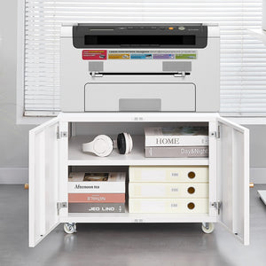 English Elm White Steel Rolling Printer Cabinet with Magnetic Doors and Adjustable Shelf for Home Office W124757932