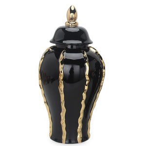 English Elm Elegant Black Ceramic Ginger Jar Vase With Gold Accents - Timeless Storage & Decor For Any Space B030123490