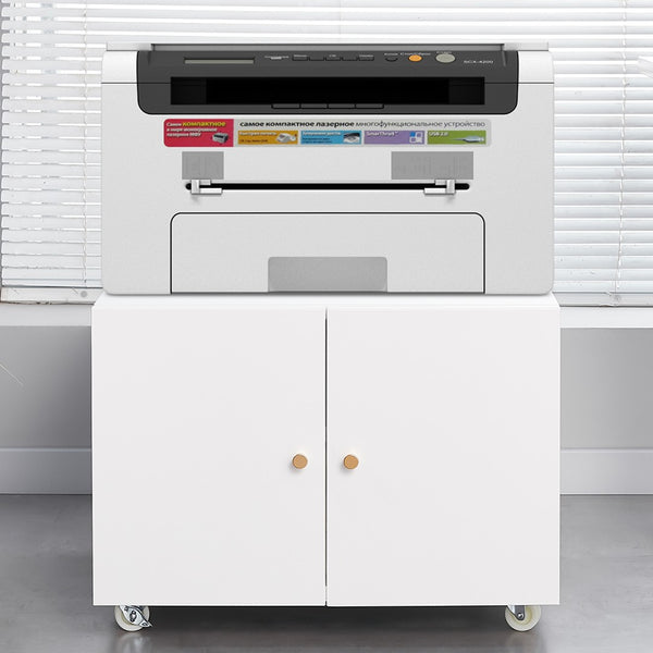 English Elm White Steel Rolling Printer Cabinet with Magnetic Doors and Adjustable Shelf for Home Office W124757932