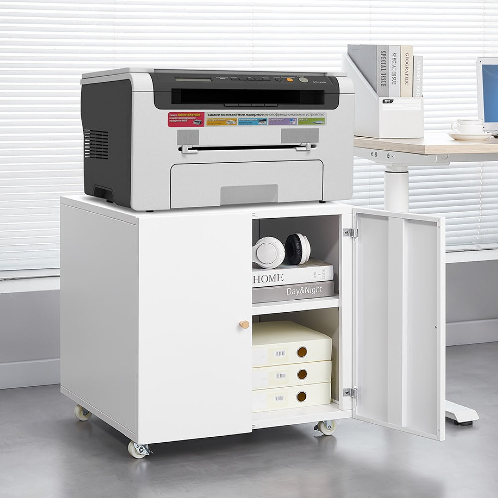 English Elm White Rolling Metal Printer Stand with Locking Wheels Adjustable Shelf Home Office W1247110443