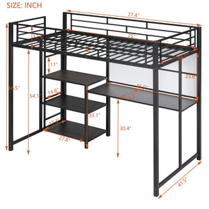 English Elm Twin Loft Bed with Integrated Desk, Shelves and Whiteboard – Sturdy Metal Frame, Space-Saving Design Black SF000018AAB