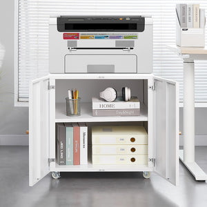 English Elm White Rolling Metal Printer Stand with Locking Wheels Adjustable Shelf Home Office W1247110443