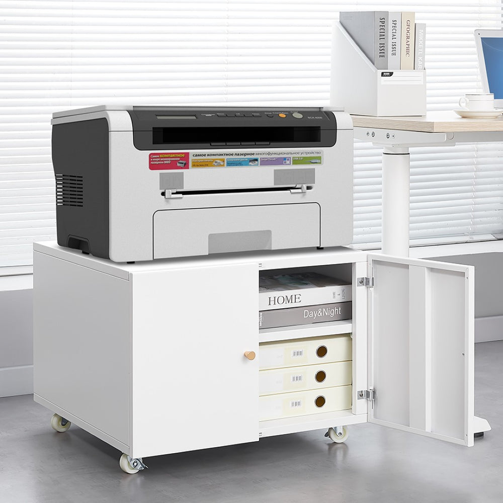 English Elm White Steel Rolling Printer Cabinet with Magnetic Doors and Adjustable Shelf for Home Office W124757932