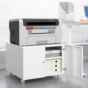 English Elm White Steel Rolling Printer Cabinet with Magnetic Doors and Adjustable Shelf for Home Office W124757932