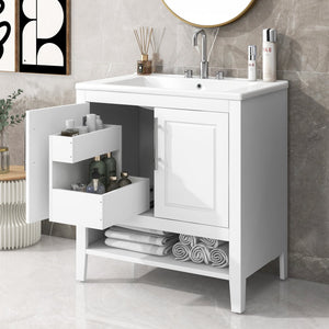 English Elm 30" Modern Bathroom Vanity with Ceramic Sink, Solid Wood & MDF, 2 Doors 2 Drawers Open Shelf (97) WF308203AAK