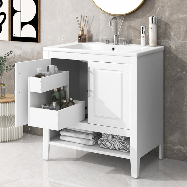 English Elm 30" Modern Bathroom Vanity with Ceramic Sink, Solid Wood & MDF, 2 Doors 2 Drawers Open Shelf (97) WF308203AAK