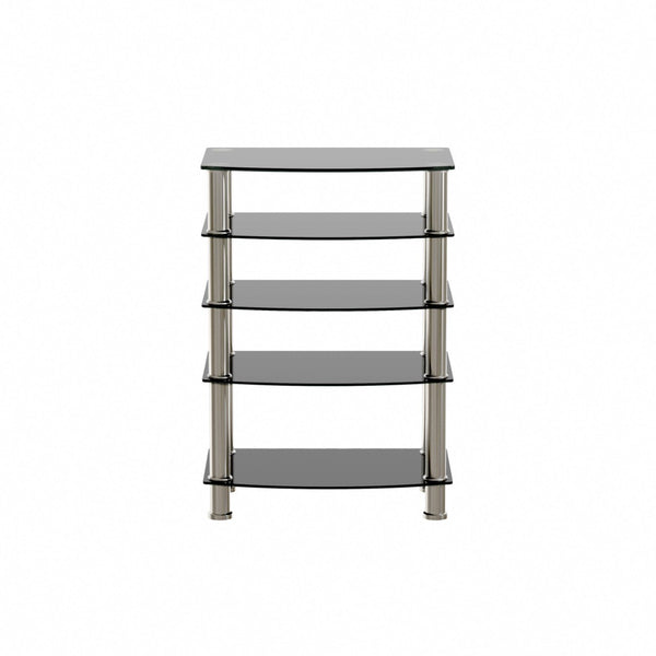 English Elm 5-tier Tempered Glass End Table with Matte Black Steel Frame for Modern Interiors W24104952