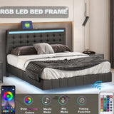 English Elm Queen Size Floating Bed Frame With Led Lights and Usb Charging,Modern Upholstered Platform Led Bed Frame,Black