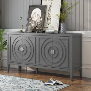 English Elm Trexm Vintage Four Door Sideboard Rubberwood Carved Panels Round Handles Dining Storage Gray WF307723AAE
