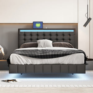 English Elm Queen Size Floating Bed Frame With Led Lights and Usb Charging,Modern Upholstered Platform Led Bed Frame,Black