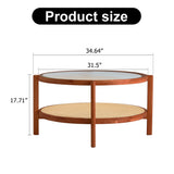 English Elm Modern Minimalist Circular Double-Layer Solid Wood Coffee Table, Craft Glass Tabletop, Second Layer Material: Pe Rattan, Solid Wood Frame. 34.6 '* 34.6' * 17.7''