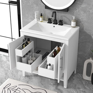 English Elm 30" Bathroom Vanity With Sink, Multi-Functional Bathroom Cabinet With Doors and Drawers, Solid Frame and Mdf Board, White