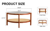 English Elm Modern Minimalist Circular Double-Layer Solid Wood Coffee Table, Craft Glass Tabletop, Second Layer Material: Pe Rattan, Solid Wood Frame. 34.6 '* 34.6' * 17.7''