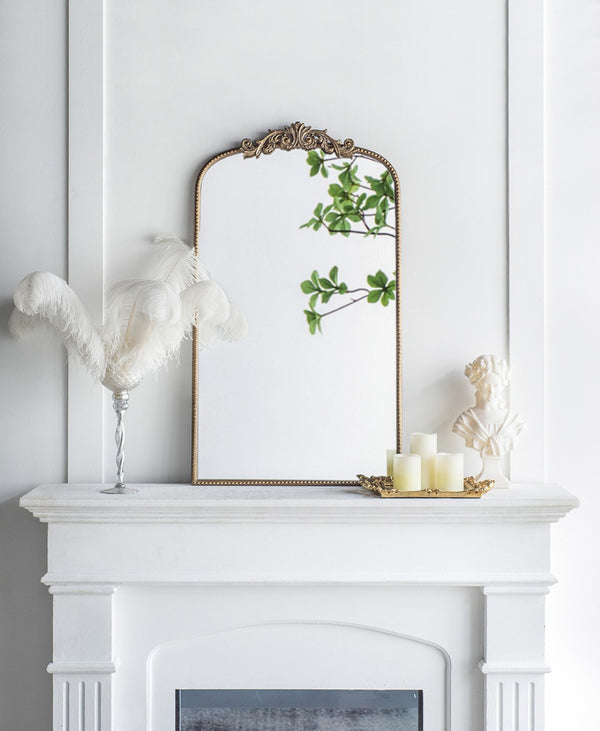 English Elm 24" Arched Matte Gold Iron Mirror Baroque Floral Frame Accent for Bedroom Bath W2078123592