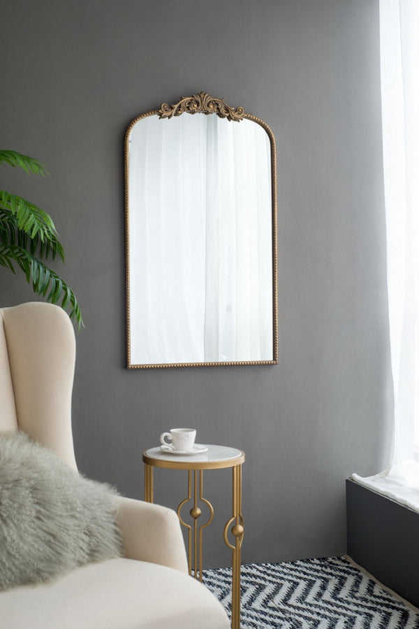 English Elm 24" Arched Matte Gold Iron Mirror Baroque Floral Frame Accent for Bedroom Bath W2078123592