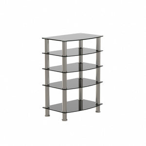 English Elm 5-tier Tempered Glass End Table with Matte Black Steel Frame for Modern Interiors W24104952