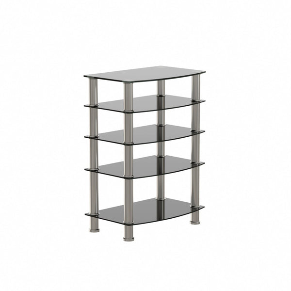 English Elm 5-tier Tempered Glass End Table with Matte Black Steel Frame for Modern Interiors W24104952