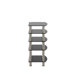 English Elm 5-tier Tempered Glass End Table with Matte Black Steel Frame for Modern Interiors W24104952