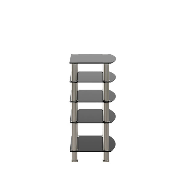 English Elm 5-tier Tempered Glass End Table with Matte Black Steel Frame for Modern Interiors W24104952