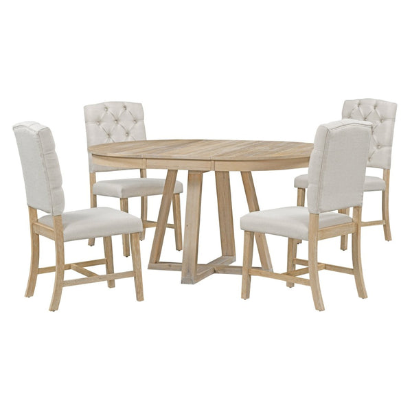 English Elm Trexm Retro Round Extendable Dining Set Acacia Veneer Table Four Tufted Chairs ST000094AAN