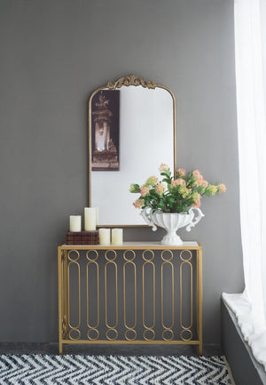 English Elm 24" Arched Matte Gold Iron Mirror Baroque Floral Frame Accent for Bedroom Bath W2078123592
