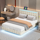 English Elm Queen Size Floating Bed Frame With Led Lights and Usb Charging,Modern Upholstered Platform Led Bed Frame,Beige