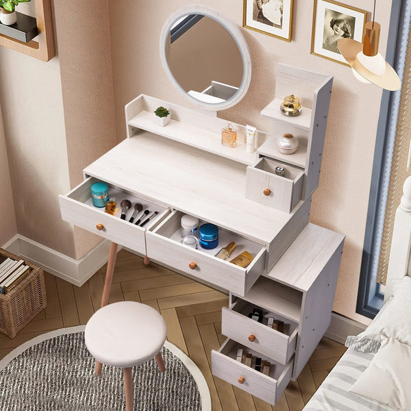 English Elm CRAZY Elegant Vanity Table Set with Cushioned Stool, Touch LED Mirror, 5 Drawers & Spacious Storage, Adjustable Length W936110479