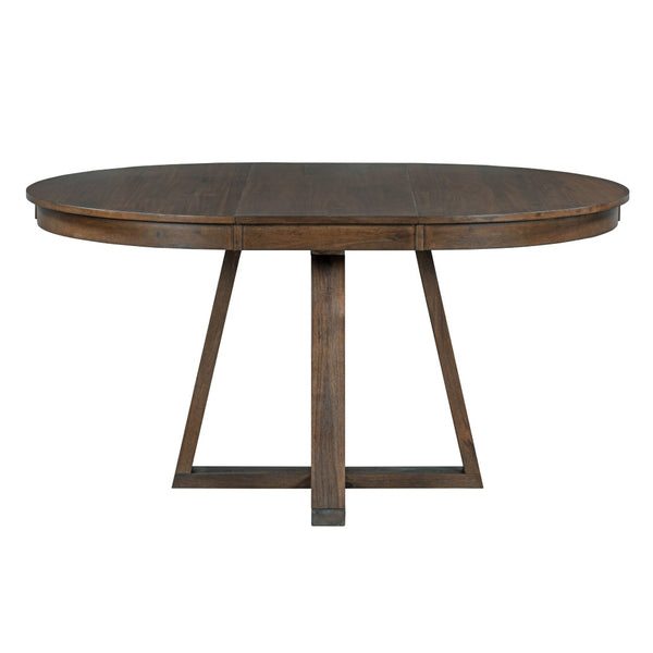 English Elm Trexm Mid-century Extendable Round Dining Set Acacia Veneer Table Four Tufted Chairs ST000094AAD