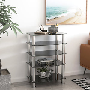English Elm 5-tier Tempered Glass End Table with Matte Black Steel Frame for Modern Interiors W24104952