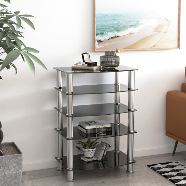 English Elm 5-tier Tempered Glass End Table with Matte Black Steel Frame for Modern Interiors W24104952
