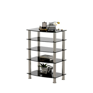 English Elm 5-tier Tempered Glass End Table with Matte Black Steel Frame for Modern Interiors W24104952