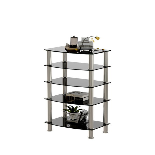 English Elm 5-tier Tempered Glass End Table with Matte Black Steel Frame for Modern Interiors W24104952