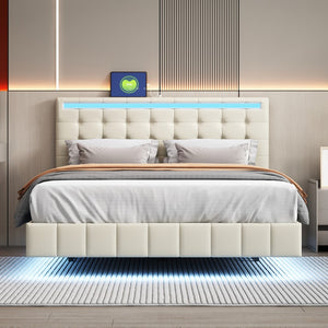 English Elm Queen Size Floating Bed Frame With Led Lights and Usb Charging,Modern Upholstered Platform Led Bed Frame,Beige