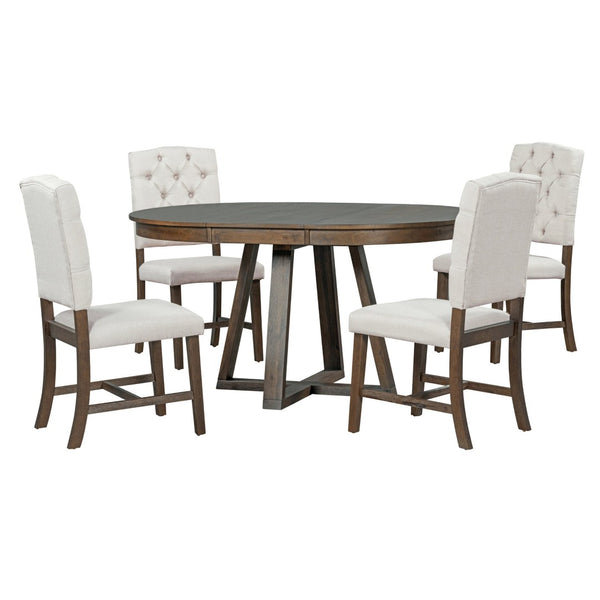 English Elm Trexm Mid-century Extendable Round Dining Set Acacia Veneer Table Four Tufted Chairs ST000094AAD