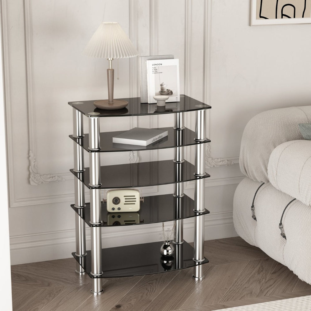 English Elm 5-tier Tempered Glass End Table with Matte Black Steel Frame for Modern Interiors W24104952