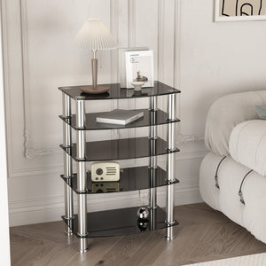 English Elm 5-tier Tempered Glass End Table with Matte Black Steel Frame for Modern Interiors W24104952