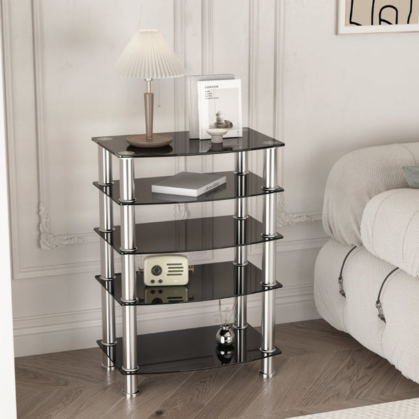 English Elm 5-tier Tempered Glass End Table with Matte Black Steel Frame for Modern Interiors W24104952