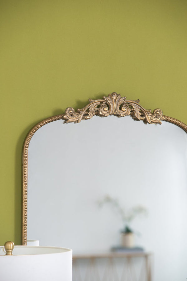 English Elm 24" Arched Matte Gold Iron Mirror Baroque Floral Frame Accent for Bedroom Bath W2078123592