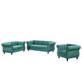 English Elm Modern Three-Piece Sofa Set With Solid Wood Legs, Buttoned Tufted Backrest, Frosted Velvet Upholstered Sofa Set Including Three-Seater Sofa, Double Seater and Living Room Furniture Set Single Chair,