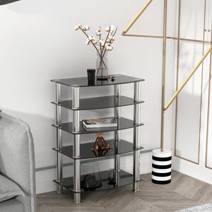 English Elm 5-tier Tempered Glass End Table with Matte Black Steel Frame for Modern Interiors W24104952