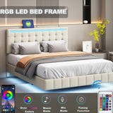 English Elm Queen Size Floating Bed Frame With Led Lights and Usb Charging,Modern Upholstered Platform Led Bed Frame,Beige