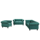 English Elm Modern Three-Piece Sofa Set With Solid Wood Legs, Buttoned Tufted Backrest, Frosted Velvet Upholstered Sofa Set Including Three-Seater Sofa, Double Seater and Living Room Furniture Set Single Chair,