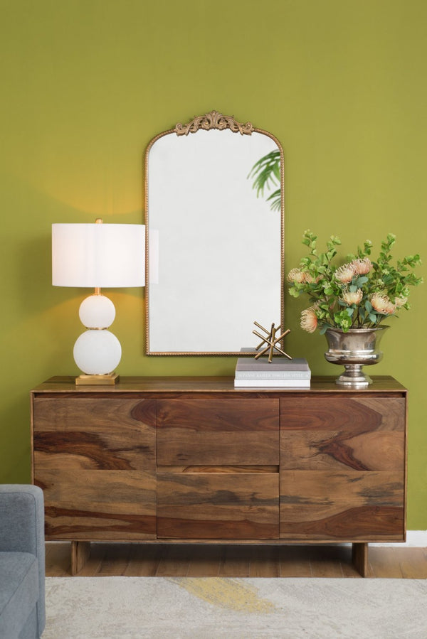 English Elm 24" Arched Matte Gold Iron Mirror Baroque Floral Frame Accent for Bedroom Bath W2078123592