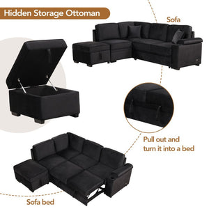 English Elm 84.75" Linen Sectional Sleeper Sofa with Storage Ottoman for Apartment Living SG000550AAB