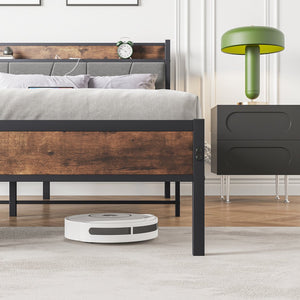 English Elm Queen Upholstered Platform Bed Frame with Storage Headboard, USB/Outlet Charging Station, 500lb Stability W840120029