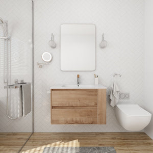 English Elm 30" Wall Mounting Bathroom Vanity Gel Sink with Soft-Close Drawers, Side Shelf, Scratch-Resist Finish Imitative Oak W999102534