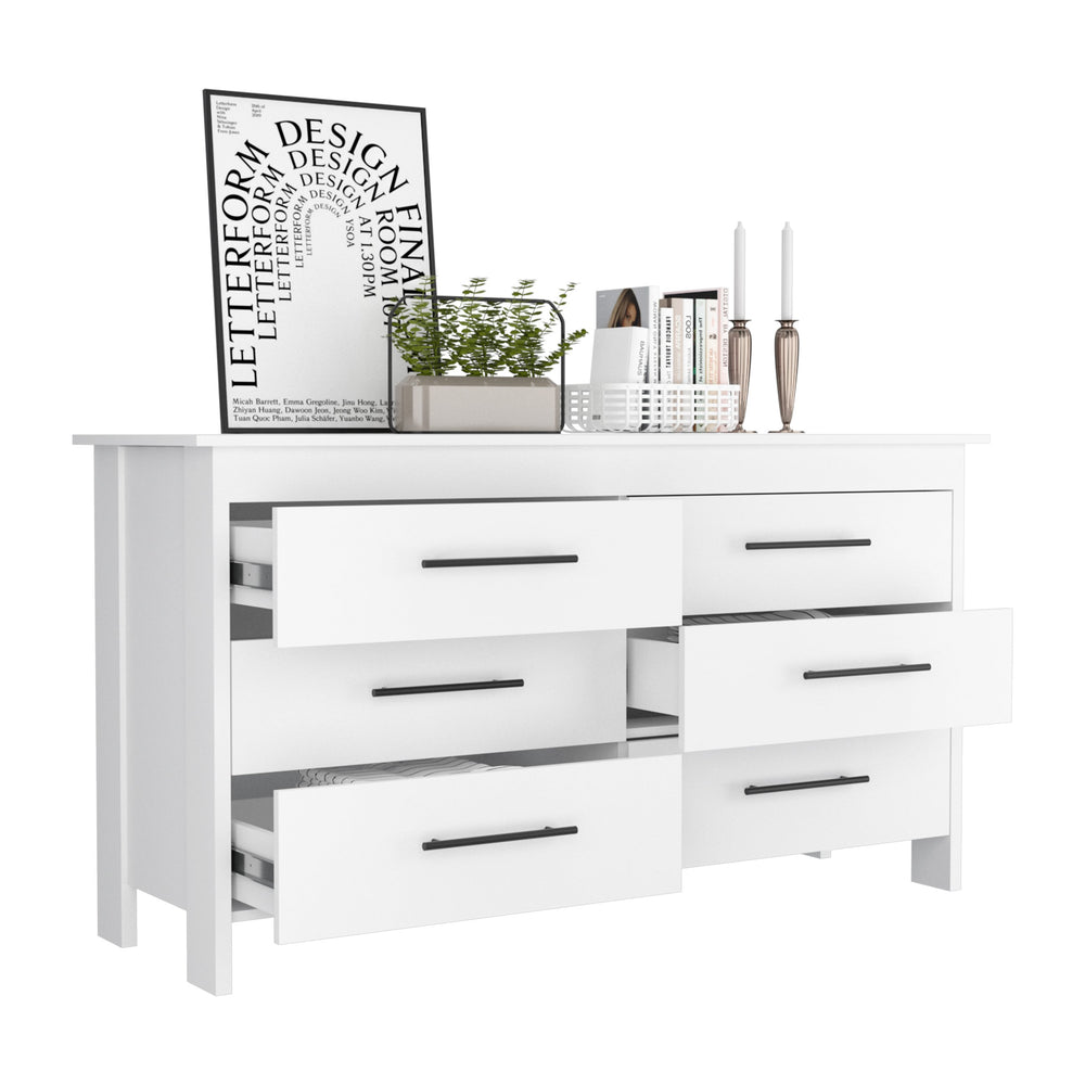 English Elm Hms 6 Drawer Double Dresser with Sturdy Four-Leg Base and Superior Top for Stylish Storage Solutions White 63.8 L x 24 W x 4.3 H B070S00013