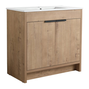 English Elm 36" Freestanding Bathroom Vanity with White Ceramic Sink, Soft-Close Doors, Adjustable Shelf, Scratch & Water-Resistant Finish W999S00101