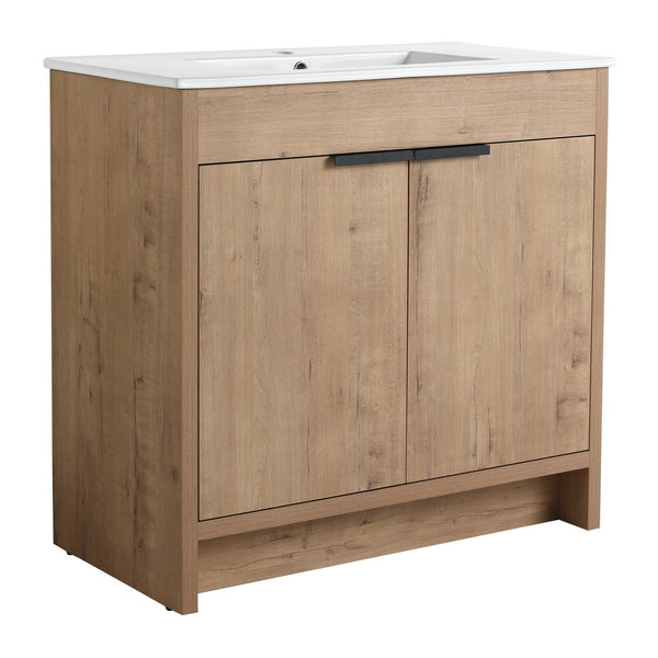 English Elm 36" Freestanding Bathroom Vanity with White Ceramic Sink, Soft-Close Doors, Adjustable Shelf, Scratch & Water-Resistant Finish W999S00101
