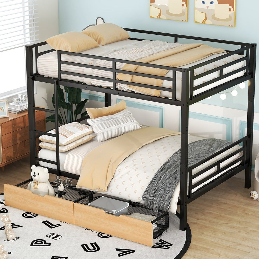 English Elm Metal Full Size Convertible Bunk Bed with 2 Drawers, Black – Space-Saving Sturdy Metal Frame, Ladder, 450lb Upper Capacity, Modern Design GX001518AAB